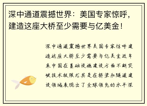 深中通道震撼世界：美国专家惊呼，建造这座大桥至少需要与亿美金！