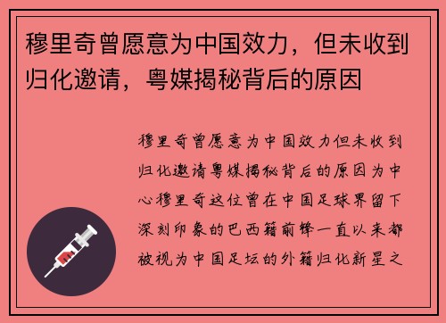 穆里奇曾愿意为中国效力，但未收到归化邀请，粤媒揭秘背后的原因