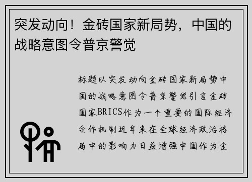 突发动向！金砖国家新局势，中国的战略意图令普京警觉