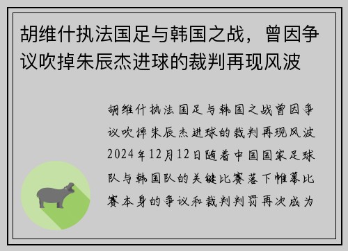 胡维什执法国足与韩国之战，曾因争议吹掉朱辰杰进球的裁判再现风波