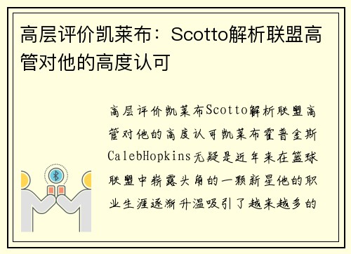高层评价凯莱布：Scotto解析联盟高管对他的高度认可