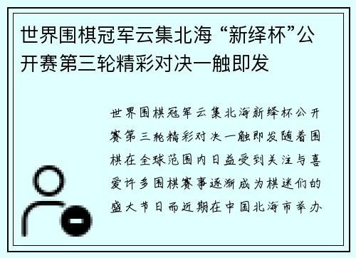 世界围棋冠军云集北海 “新绎杯”公开赛第三轮精彩对决一触即发