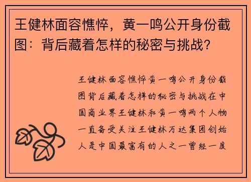 王健林面容憔悴，黄一鸣公开身份截图：背后藏着怎样的秘密与挑战？