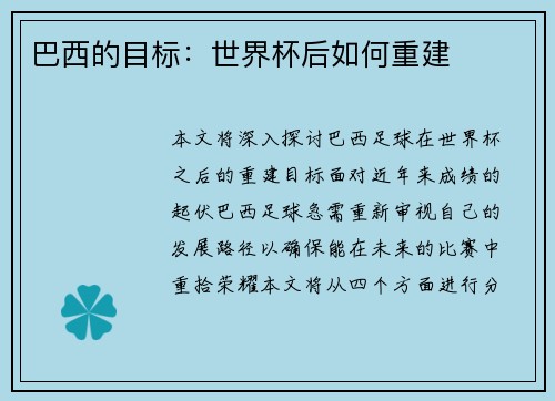 巴西的目标：世界杯后如何重建