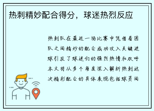 热刺精妙配合得分，球迷热烈反应