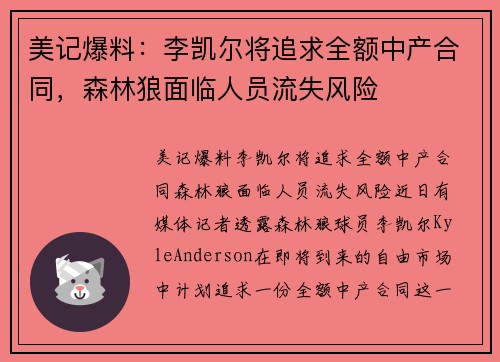 美记爆料：李凯尔将追求全额中产合同，森林狼面临人员流失风险