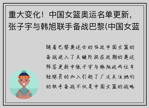 重大变化！中国女篮奥运名单更新，张子宇与韩旭联手备战巴黎(中国女蓝奥运名单公布)